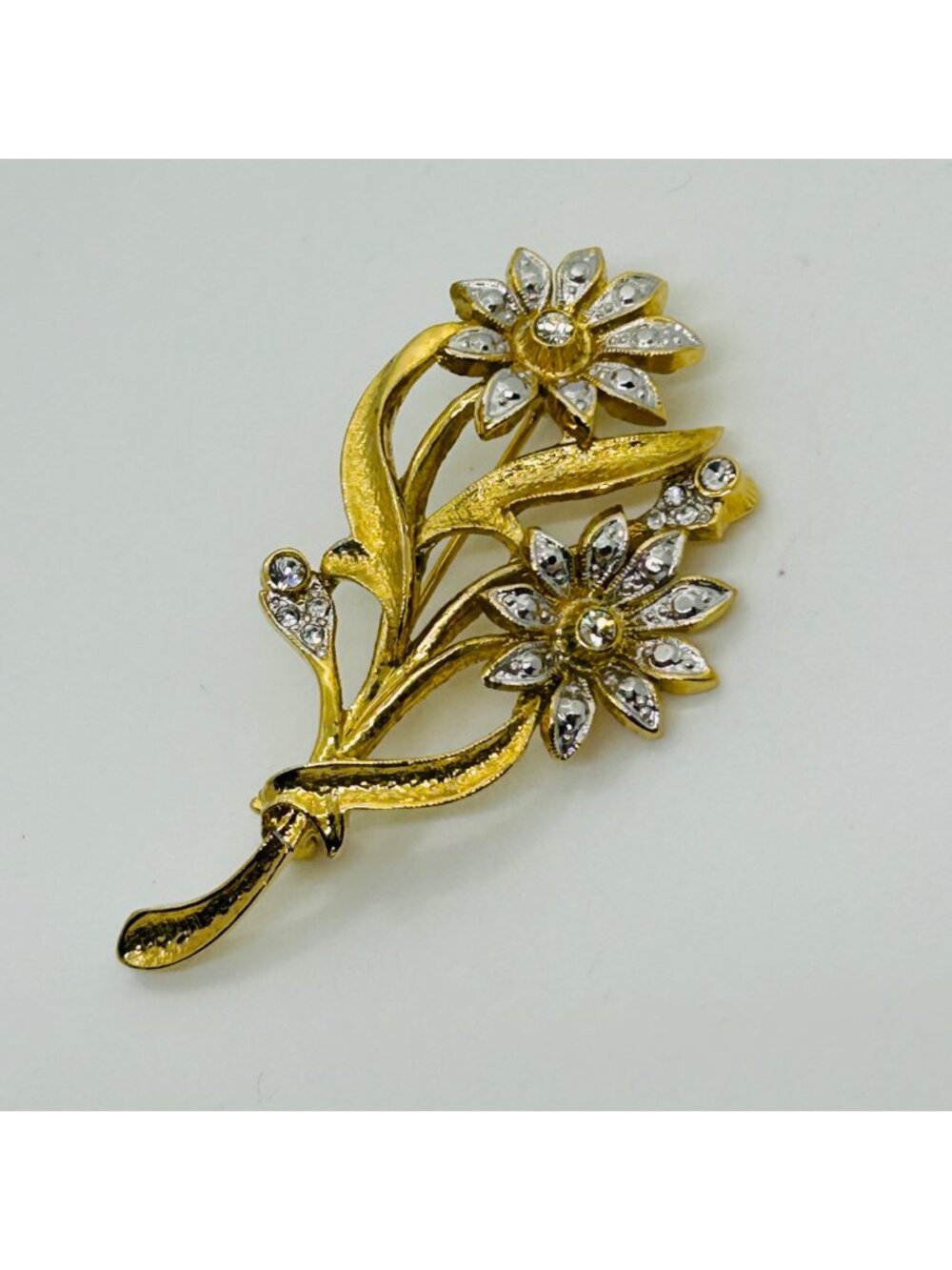 Flower Brooch Pin Gold Tone With Clear Rhinestones Silver  Floral Spray Vintage
